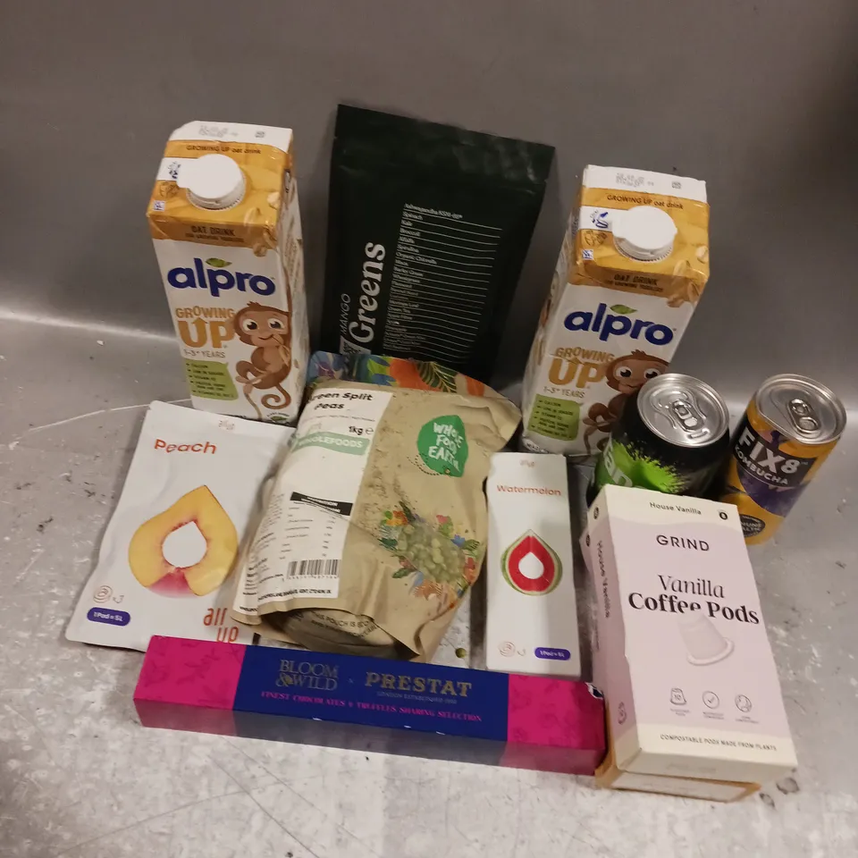 APPROXIMATELY 12 ASSORTED FOOD & DRINK ITEMS TO INCLUDE GRIND VANILLA COFFEEE PODS, TANGO APPLE, ALPRO 1-3 YEARS, ETC