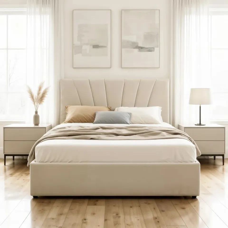 BOXED BALCER UPHOLSTERED OTTOMAN LIFT UP STORAGE BED - BEIGE (2 BOXES)