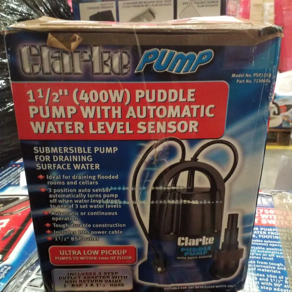 BOXED CLARKE PSP125B 1½" 400W 116LPM 7M HEAD PUDDLE PUMP WITH AUTO SENSOR (230V)