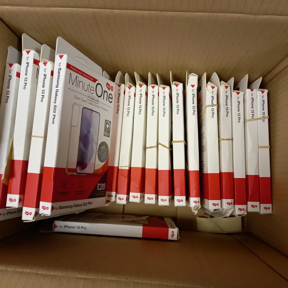 BOX OF APPROX 20 TECH 21 MINUTE ONE PREMIUM PHONE CASE AND SCREEN PROTECTOR FOR ASSORTED PHONES