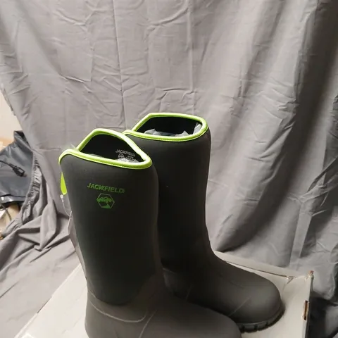 JACK FIELD MEN'S RUBBER WELLINGTON BOOTS – GREY WITH NEON LIME TRIM, UK 7