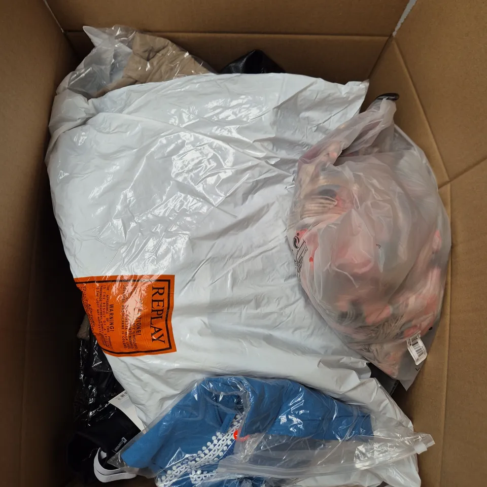 LARGE BOX OF APPROXIMATELY 25 ASSORTED CLOTHING ITEMS IN VARIOUS COLOURS, STYLES AND SIZES - COLLECTION ONLY