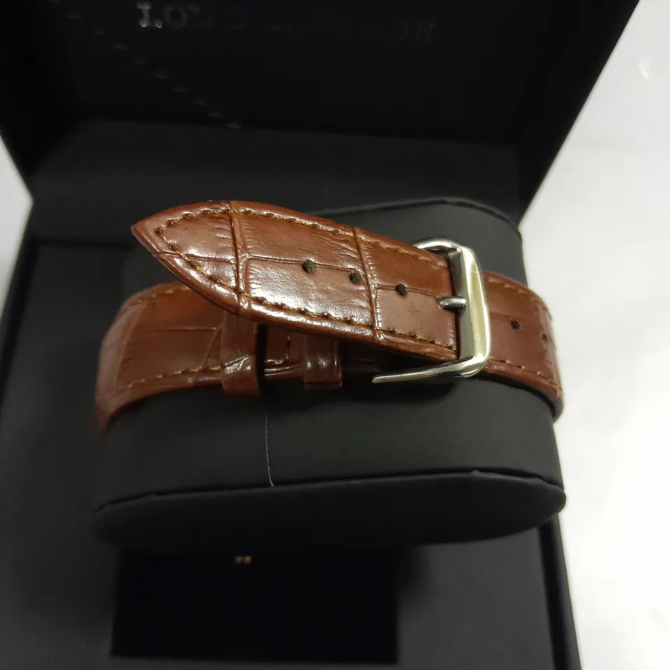MENS LOUIS LACOMBE CHRONOGRAPH WATCH WITH MULTI FUNCTION DIAL WITH DATE AND ROMAN NUMERAL DIAL WITH BROWN LEATHER STRAP IN GIFT BOX