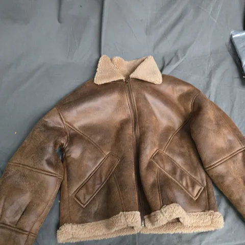 BOX OF APPROXIMATELY 15 ASSORTED CLOTHING ITEMS TO INCLUDE: BROWN COAT AND BURGUNDY JUMPER