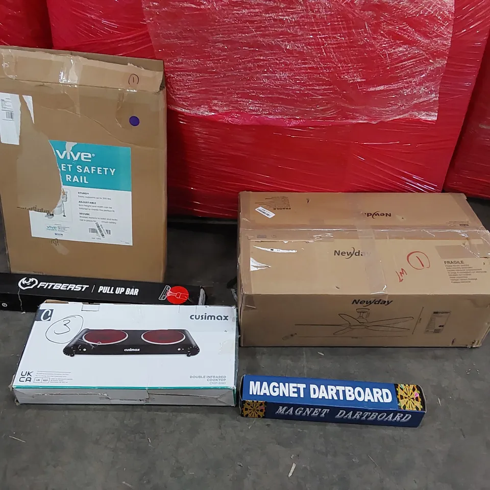 PALLET OF ASSORTED CONSUMER GOODS AND FURNITURE PRODUCTS TO INCLUDE; DOUBLE INFRARED COOKTOP, CEILING FAN LIGHT, PULL UP BAR, TOILET SAFETY RAIL, MAGNETIC DARTBOARD ECT.