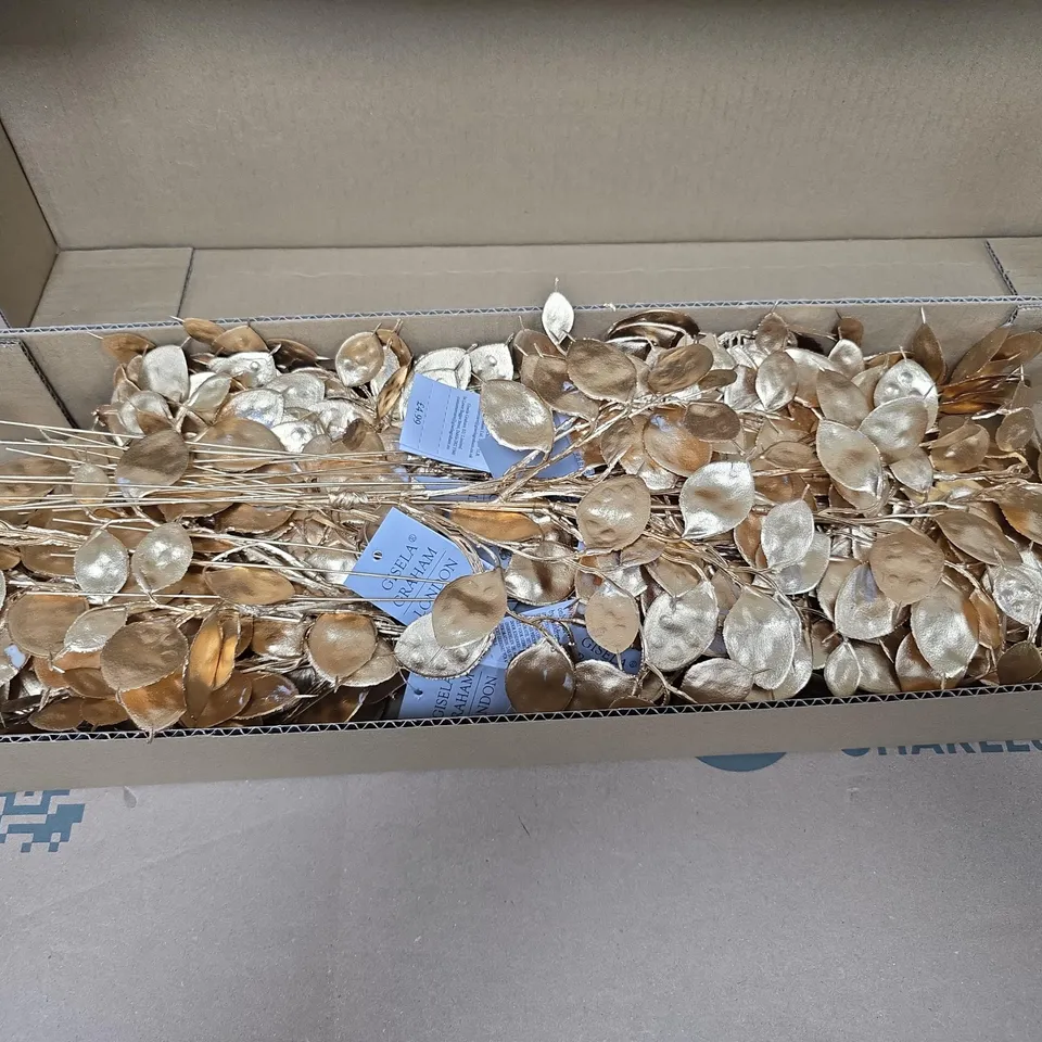 BOX OF APPROXIMATELY 12 GISELA GRAHAM GOLD FAUX LEAF ARRANGEMENTS