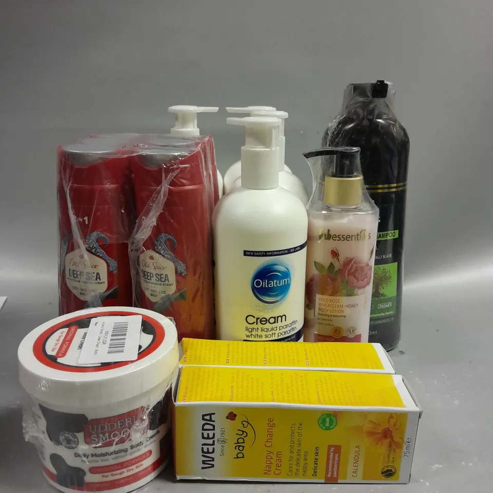 LOT OF APPROX 15 HEALTH AND BEAUTY ITEMS TO INCLUDE, OLD SPICE DEEP SEA BODY WASH (250ML), OILATUM LIGHT LIQUID PARAFFIN CREAM (500ML), FABESSENTIALS WILD ROSE BODY LOTION (250ML), ETC. 