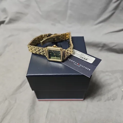 TOMMY HILFIGER GOLD-TONE RECTANGULAR WATCH – STAINLESS STEEL, BOXED WITH TAG