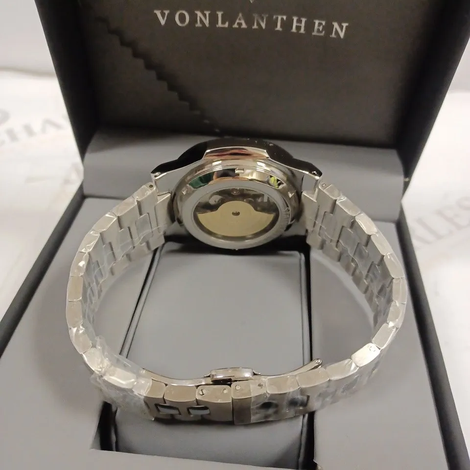 VONLANTHEN MEN'S AUTOMATIC BLUE PART SKELETON DIAL BRACELET STRAP WRISTWATCH 