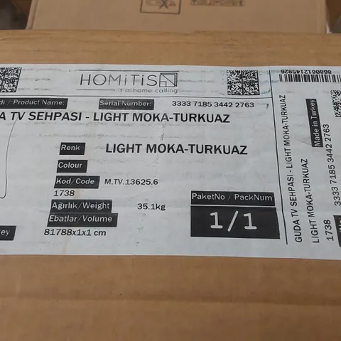 BRAND NEW BOXED GUDA TV UNIT - LIGHT MOCHA/TURQUOISE
