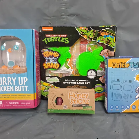 BOX OF APPROXIMATELY 20 ASSORTED TOYS AND GAMES TO INCLUDE TEENAGE MUTANT NINJA TURTLES SAND SET, HURRY UP CHICKEN BUTT, WALKIE TALKIES, ETC - COLLECTION ONLY