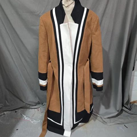 KAREN MILLEN BRUSHED WOOL BLEND COLOUR BLOCK TAILORED MIDI COAT IN CAMEL - SIZE 16