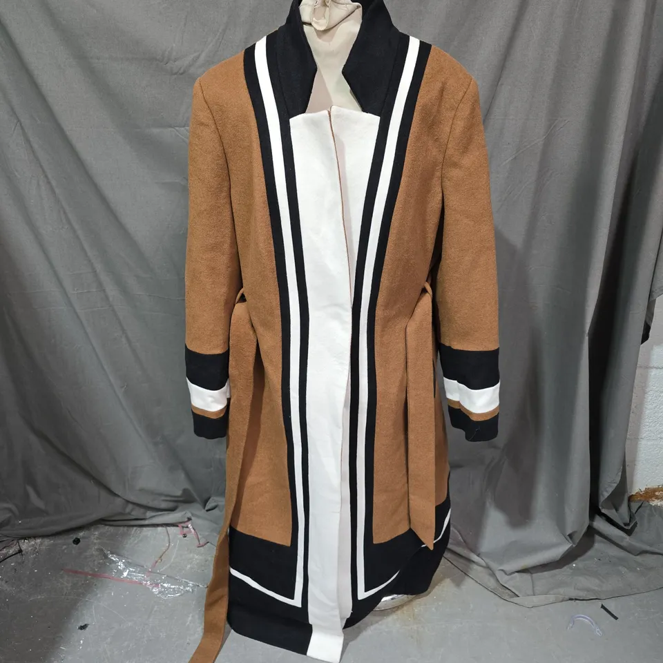 KAREN MILLEN BRUSHED WOOL BLEND COLOUR BLOCK TAILORED MIDI COAT IN CAMEL - SIZE 16