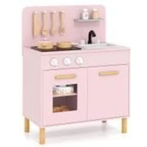 BOXED WOODEN CHILDREN'S KITCHEN WITH 10 ACCESSORIES PLAY KITCHEN WITH LIGHT AND SOUND PINK KITCHEN