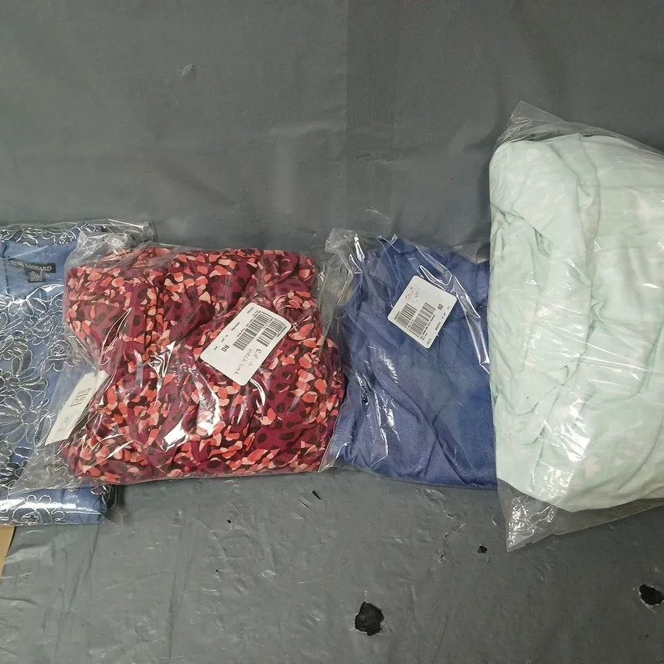 BOX OF APPROXIMATELY 8 ASSORTED BAGGED PIECES OF CLOTHING IN VARIOUS STYLES, SIZES, AND BRANDS 