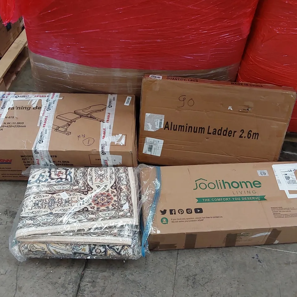 PALLET OF ASSORTED ITEMS INCLUDING: CHEST OF DRAWERS, TRAINING BENCH, ALUMINIUM LADDER 2.6M, LARGE RUG