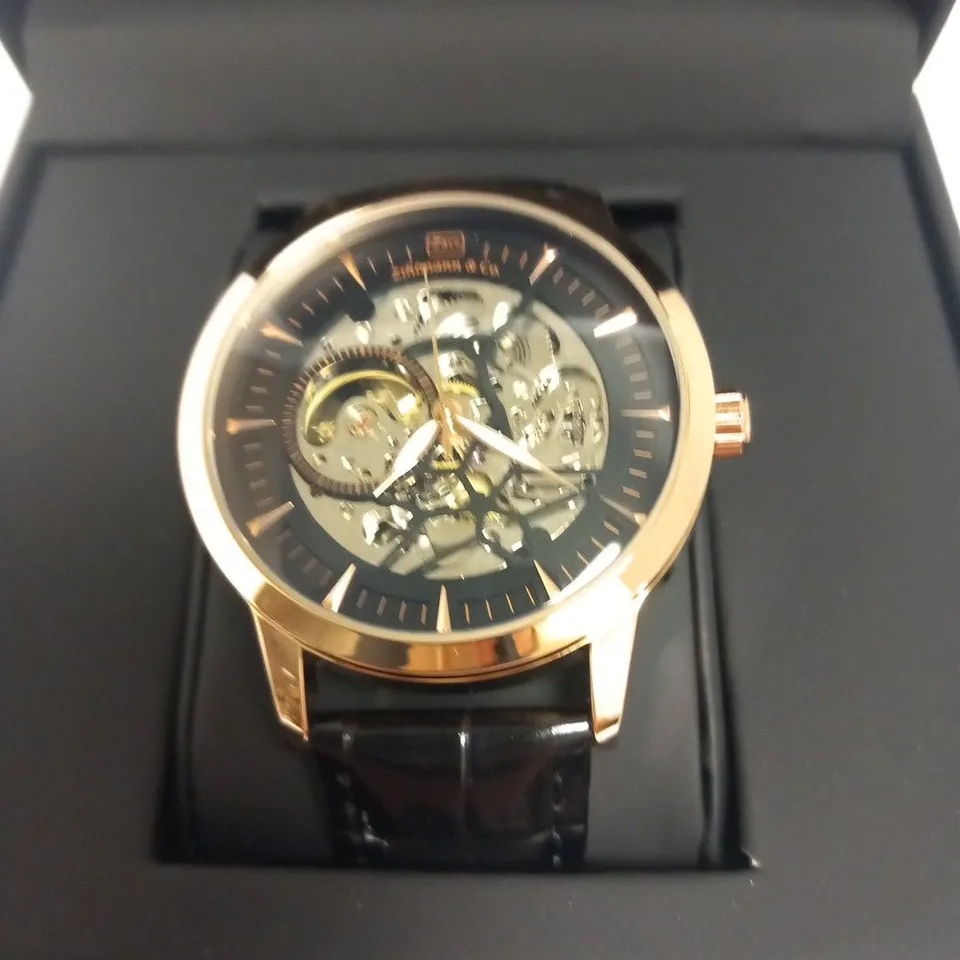 BOXED MENS ZIHLMANN & CO AUTOMATIC WATCH - Z210 – SKELETON DIAL – GOLD COLOUR CASE – GENUINE LEATHER CASE – HAND ASSEMBLED 
