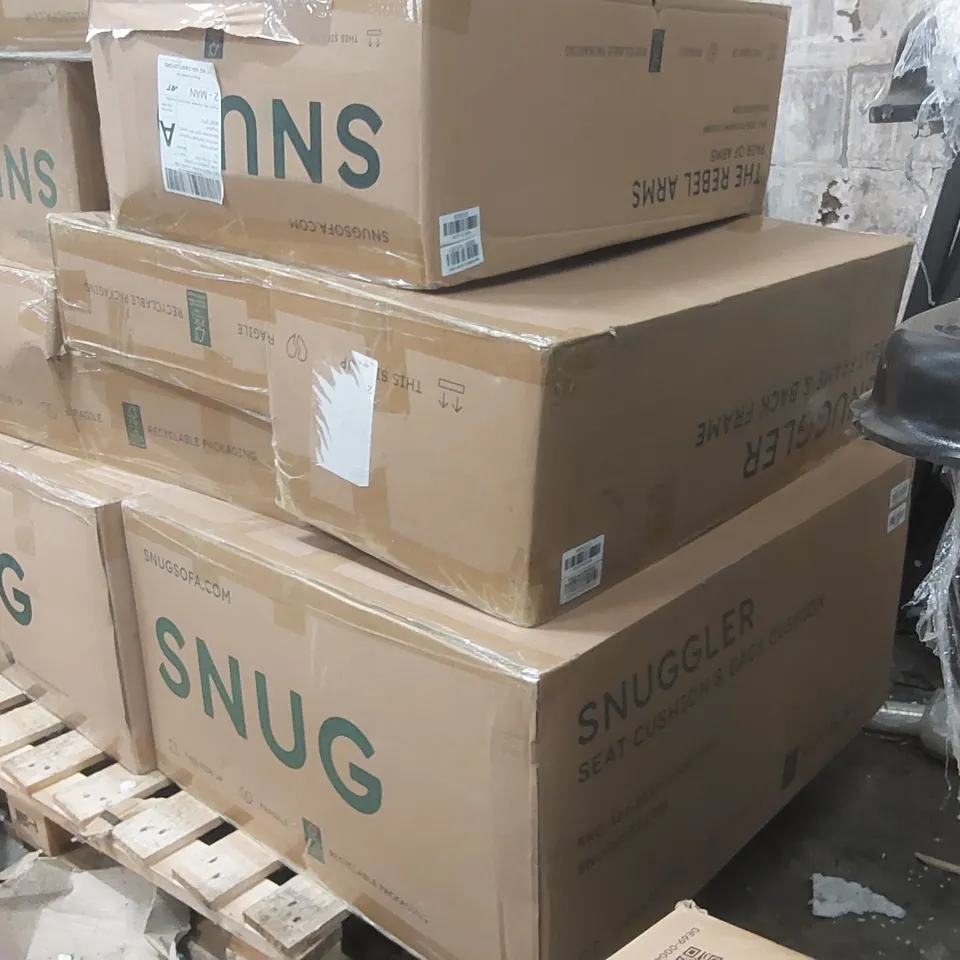 PALLET CONTAINING A LARGE ASSORTMENT OF SNUG SOFA SNUGGLER CHAIR PARTS