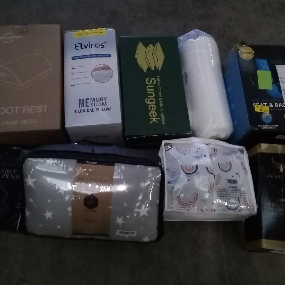 PALLET OF ASSORTED ITEMS INCLUDING  FOOT REST, FOLDABLE TRAVEL PILLOW, PREGNANCY PILLOW, MEMORY FOAM PILLOW, GEL INFUSED SEAT & BACK CUSHION, ELVIROS MEMORY FOAM CERVICAL PILLOW 