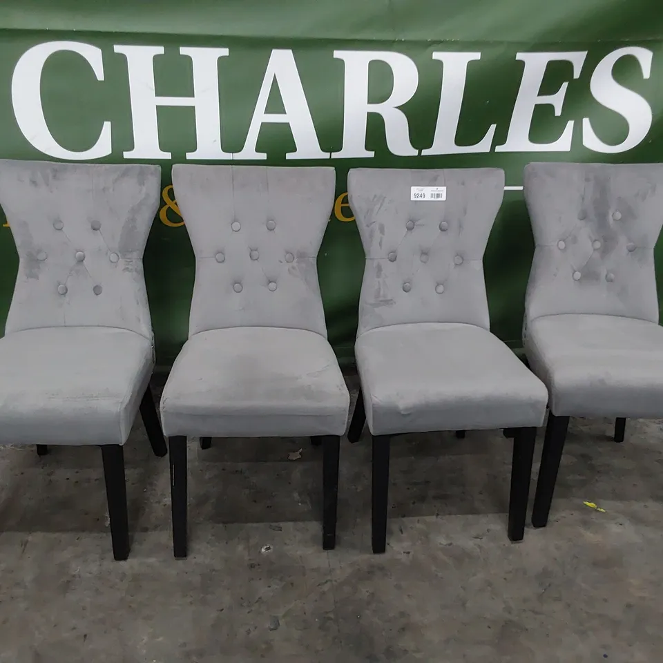SET OF FOUR UPHOLSTERED BUTTONED RING BACK DINING CHAIRS GREY PLUSH FABRIC STUDDED DETAIL BLACK LEGS 