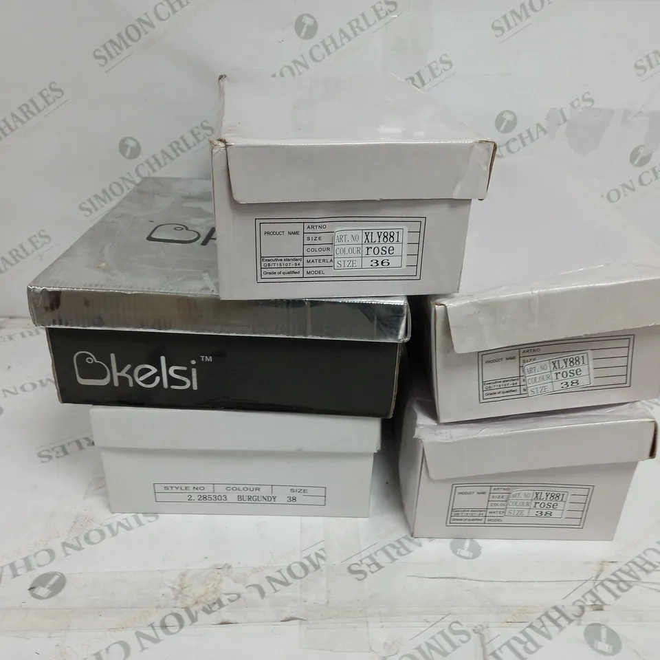 5 BOXED PAIRS OF SHOES TO INCLUDE TRAINERS IN ROSE SIZE 38, ANKLE WEDGE BOOTS IN BLACK SIZE 5, ANKLE BOOTS IN BURGUNDY SIZE 38 