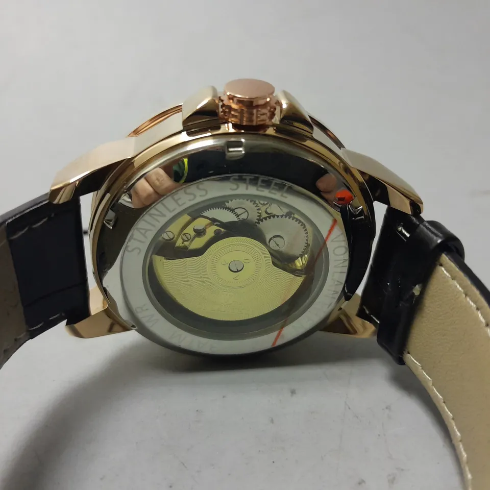 MENS VONLANTHEN AUTOMATIC SKELETON WATCH – V110 - GLASS EXHIBITION BACKCASE – BLACK LEATHER STRAP