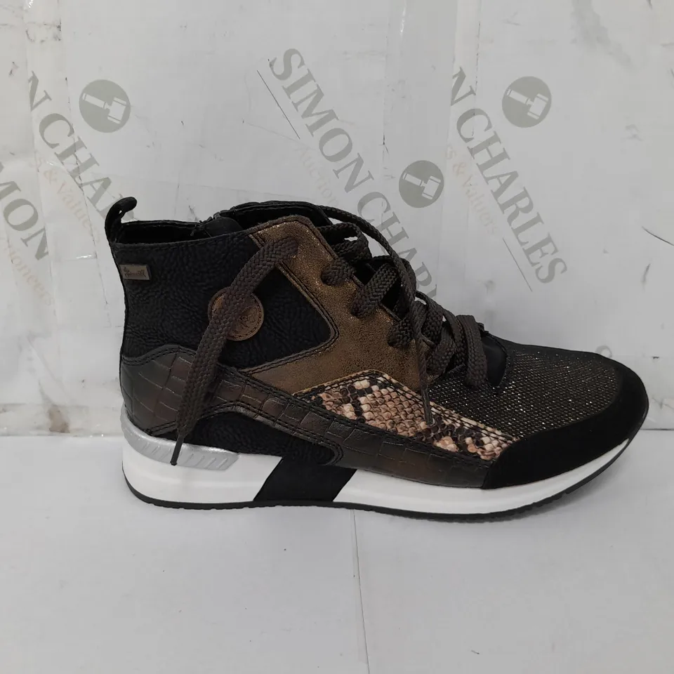 PAIR OF RIEKER HIGH TOP MIX MATERIAL TRAINER BOOTS SIZE 6.5