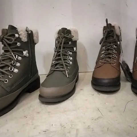 BOXED EMU AUSTRALIA UNISEX BOOTS , GREEN SIZE UK 9 , 2 PAIRS , 1 PAIR OAK UK 7 AND 1 PAIR UK 3 IN OAK