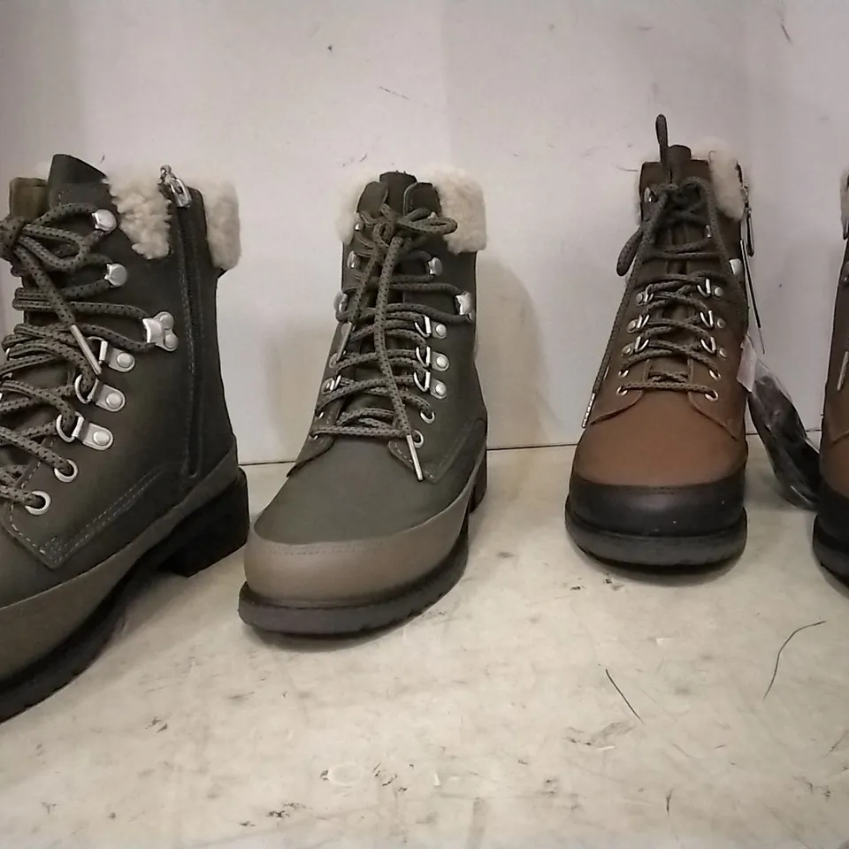 BOXED EMU AUSTRALIA UNISEX BOOTS , GREEN  SIZE UK 9 , 2 PAIRS , 1 PAIR OAK UK 7 AND 1 PAIR UK 3 IN OAK 