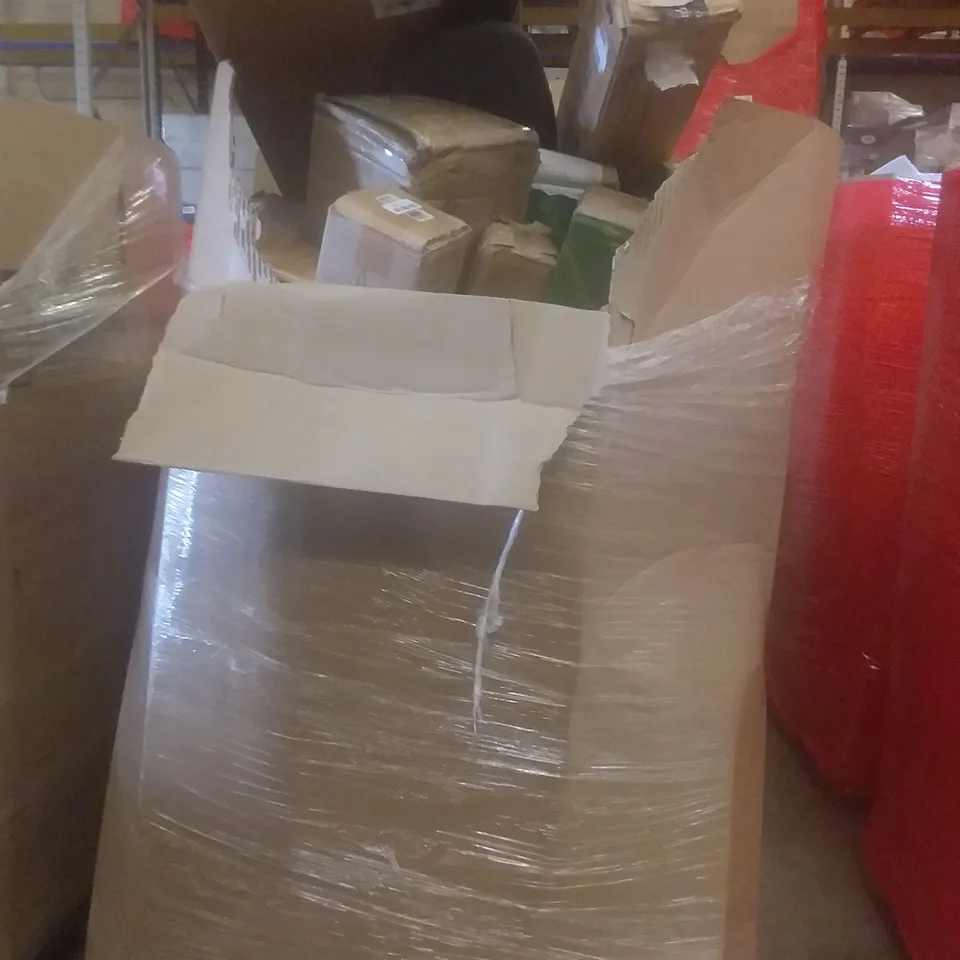 PALLET OF ASSORTED ITEMS INCLUDING IRONING BOARD, 3 TIER STORAGE CART, PARASOL, 5 STEP STEPLADDER