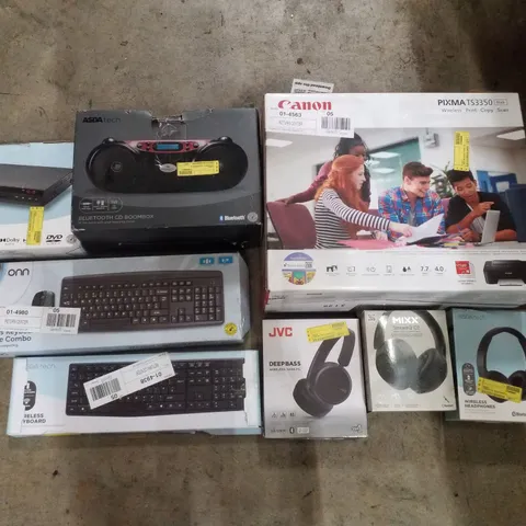 PALLET CONTAINING ASSORTED ELECTRICAL PRODUCTS INCLUDING WIRELESS KEYBOARD AND MOUSE COMBO SETS, WIRELESS HEADPHONES, CANON PIXMA TS3350 PRINTER, HDMI DVD PLAYER & BLUETOOTH CD BOOMBOX 