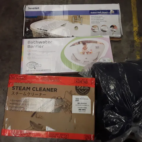 PALLET OF ASSORTED HOUSEHOLD ITEMS TO INCLUDE STEAM CLEANER, BATH BOARDS CUSHIONS AND BATH WATER BARRIER ECT
