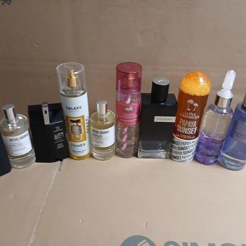 APPROXIMATELY 10 ASSORTED UNBOXED FRAGRANCES TO INCLUDE; VICTORIA'S SECRET, YVES SAINT LAURENT AND NOTED AROMAS