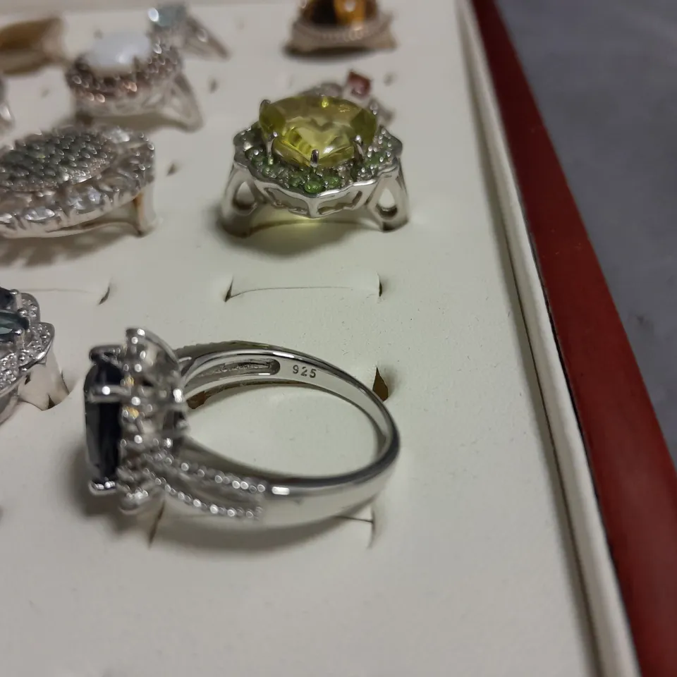 LOT OF 20 ASSORTED RINGS IN WOODEN DISPLAY BOX