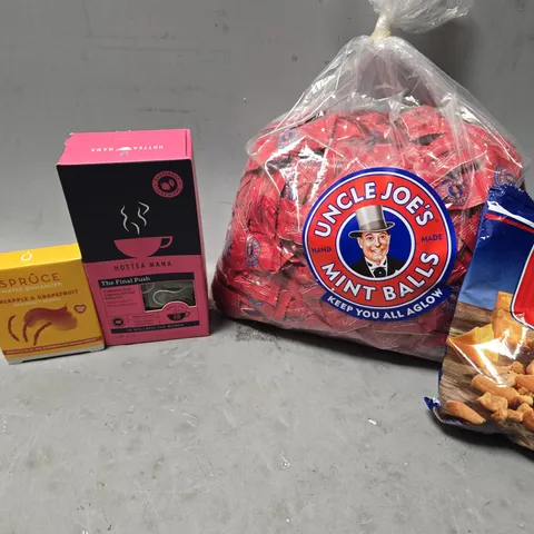 APPROXIMATELY 10 ASSORTED FOOD ITEMS TO INCLUDE - PRETZEL BITES , UNCLE JOES MINT BALLS , HOTTEA MAMA THE FINAL PUSH ETC