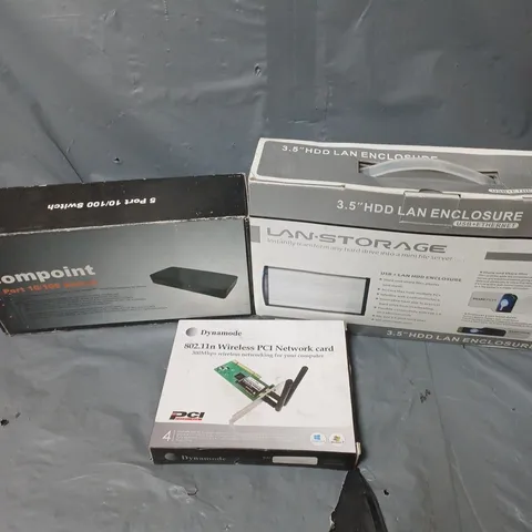 APPROXIMATELY 20 ASSORTED ELECTRICAL ITEMS TO INCLUDE NETWORK CARD, 5 PORT SWITCH AND 3.5" HDD ENCLOSURE