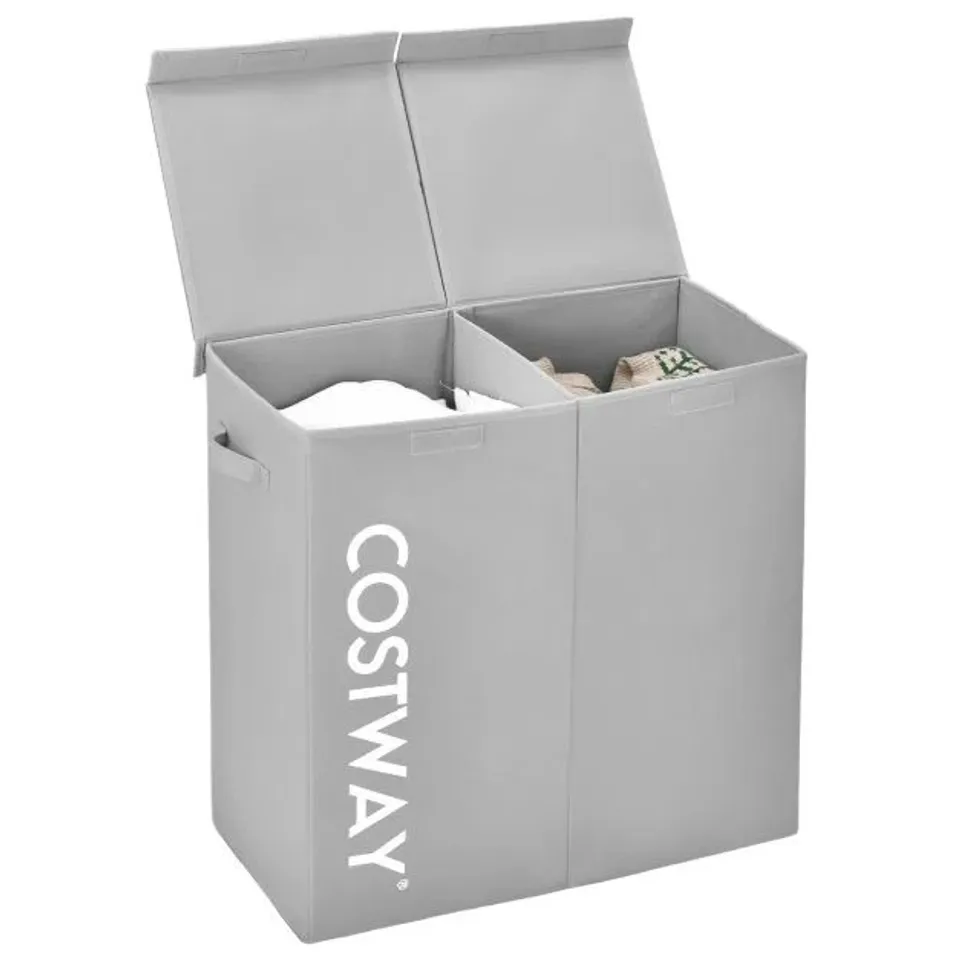 BOXED LAUNDRY BASKET WITH LID 115 L BOXED COSTWAY LAUNDRY COLLECTOR 2 COMPARTMENTS LAUNDRY BOX MADE OF NON-WOVEN FABRIC WITH HANDLES 62 X 31 X 60 CM (BLACK)