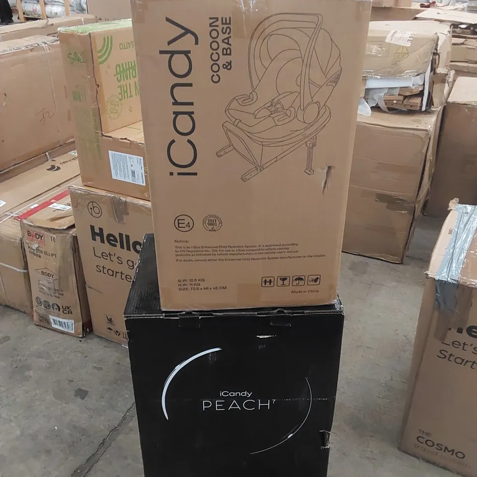 BOXED ICANDY PEACH7 DARK GREY COMBO PHANTOM STROLLER SET - INCLUDES; CARRYCOT, STROLLER, CAR SEAT AND BASE (2 BOXES)