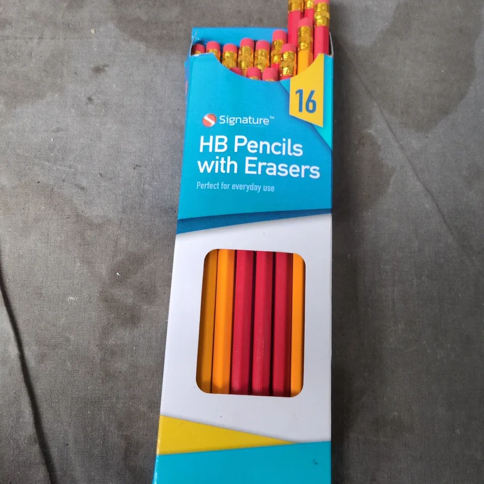 TOTE OF APPROXIMATELY 12 ASSORTED ITEMS TO INCLUDE: HB PENCILS WITH ERASERS 