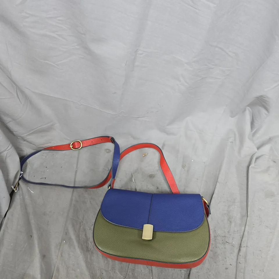WHITE STUFF CROSSBODY BAG – BLUE FLAP, OLIVE BODY WITH RED TRIM