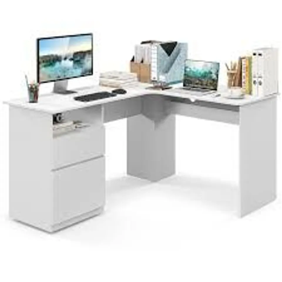 BOXED COSTWAY L-SHAPED COMPUTER DESK WITH STORAGE AND OPEN SHELVES FOR LIVING ROOM BEDROOM - NATURAL (1 BOX)