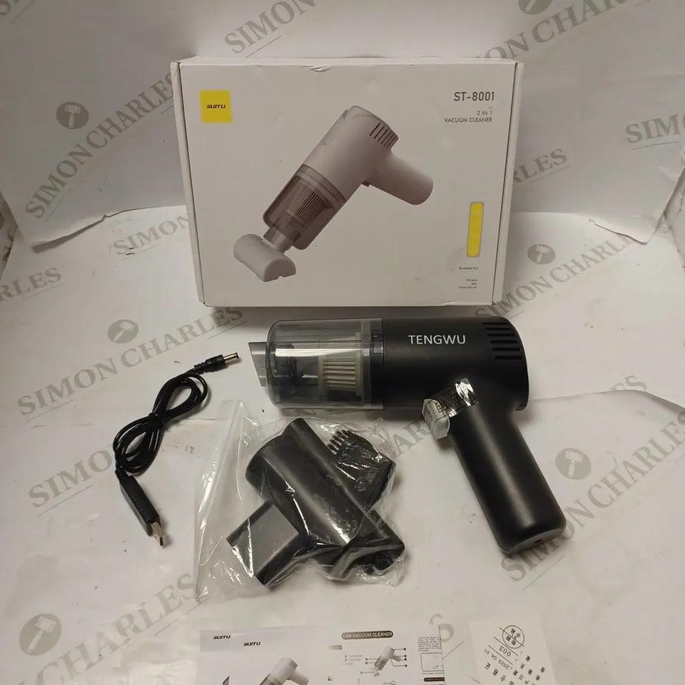 BOXED TENGWU 2 IN 1 PORTABLE VACUUM CLEANER WITH ACCESSORIES, USB CABLE AND INSTRUCTIONS