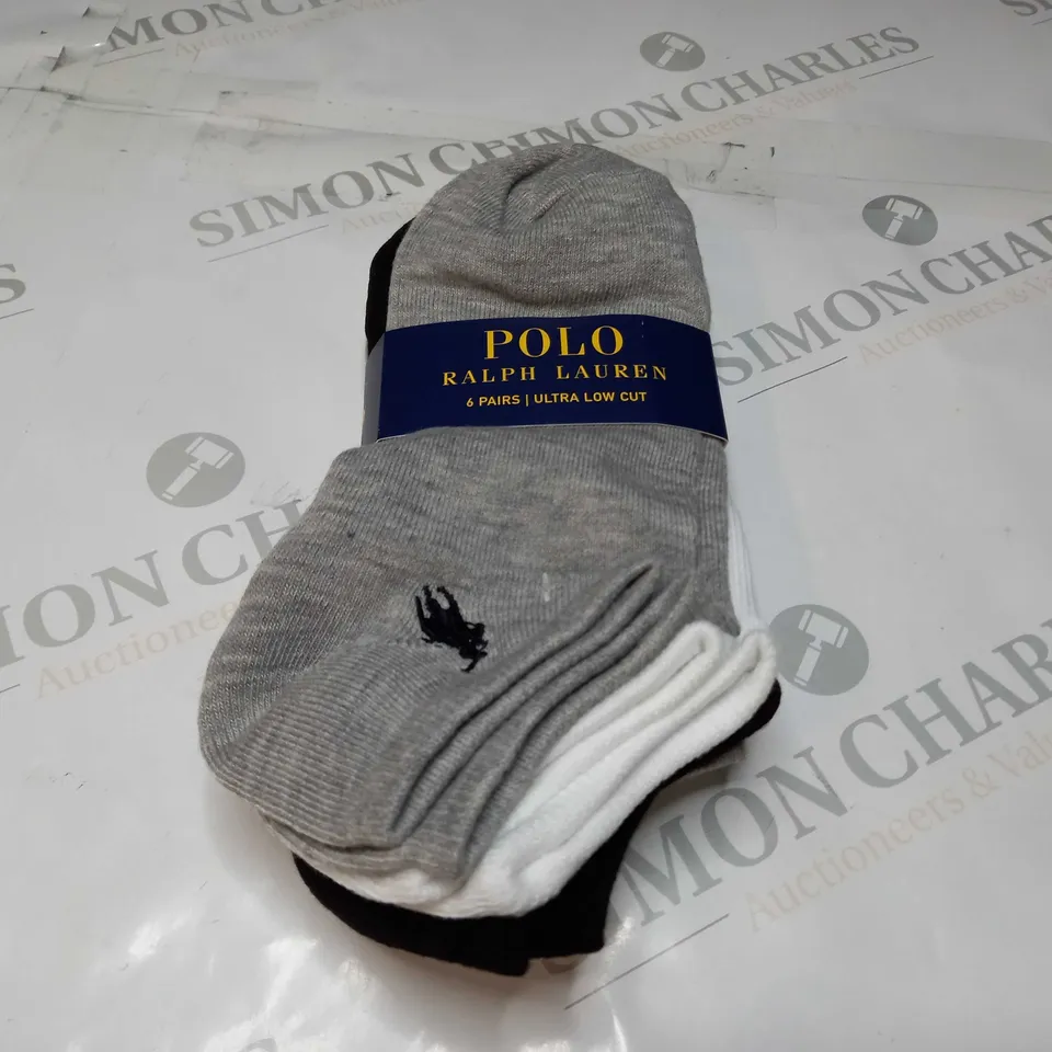 POLO RALPH LAUREN 6 PAIRS OF ULTRA LOW CUT ANKLE SOCKS (2 WHITE, 2 GREY, 2 BLACK)