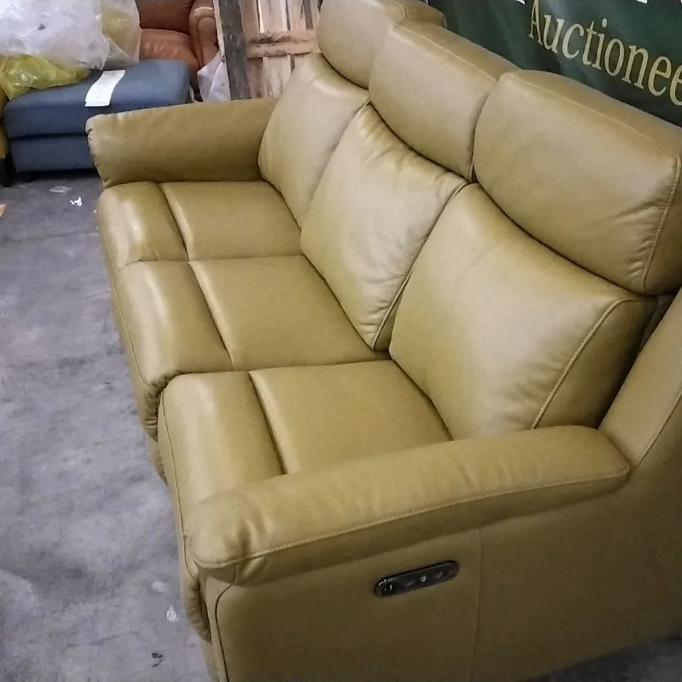 QUALITY DESIGNER YELLOW/GREEN LEATHER 3 SEATER ELECTRIC RECLINING SOFA