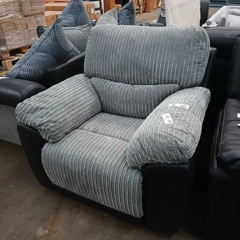 DESIGNER GREY FABRIC AND BLACK FAUX LEATHER MANUAL RECLINING ARM CHAIR