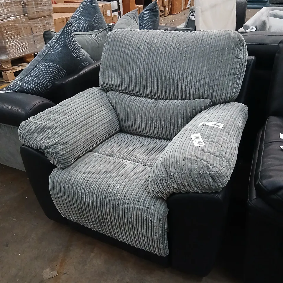 DESIGNER GREY FABRIC AND BLACK FAUX LEATHER MANUAL RECLINING ARM CHAIR