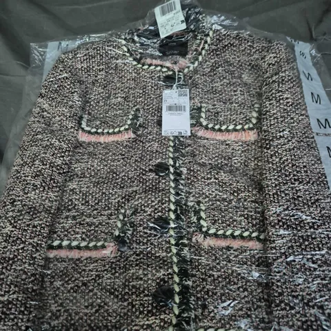 MNG WOMEN'S BOUCLÉ TWEED JACKET WITH PINK TRIM – UK SIZE M