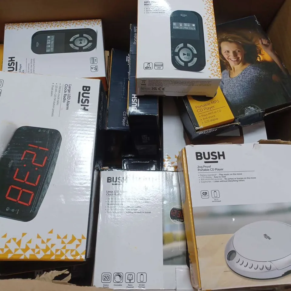 APPROXIMATELY 16 ASSORTED BOXED BUSH PRODUCTS TO INCLUDE DAM/FM RADIO, MP3 PLAYER, LARGE LED ALARM CLOCK RADIO, ETC