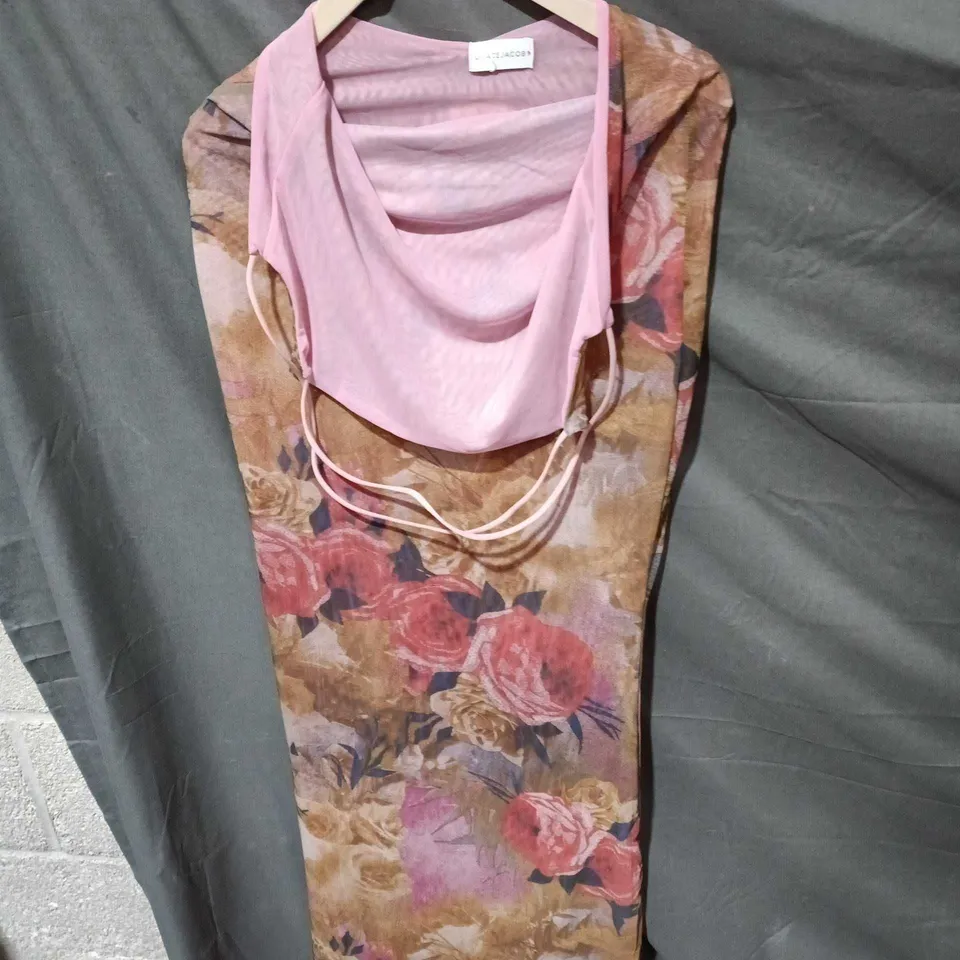 GRACE JACOB FLORAL MAXI DRESS – PINK & BEIGE, MADE IN ENGLAND, UK SIZE S