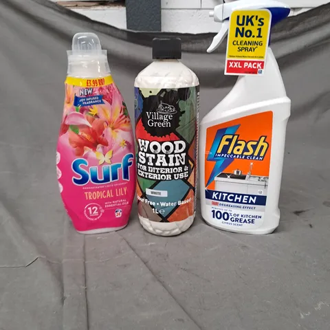 APPROXIMATELY 15 HOUSEHOLD LIQUIDS TO INCLUDE SURF LAUNDRY LIQUID, WOOD STAIN AND FLASH SPRAY